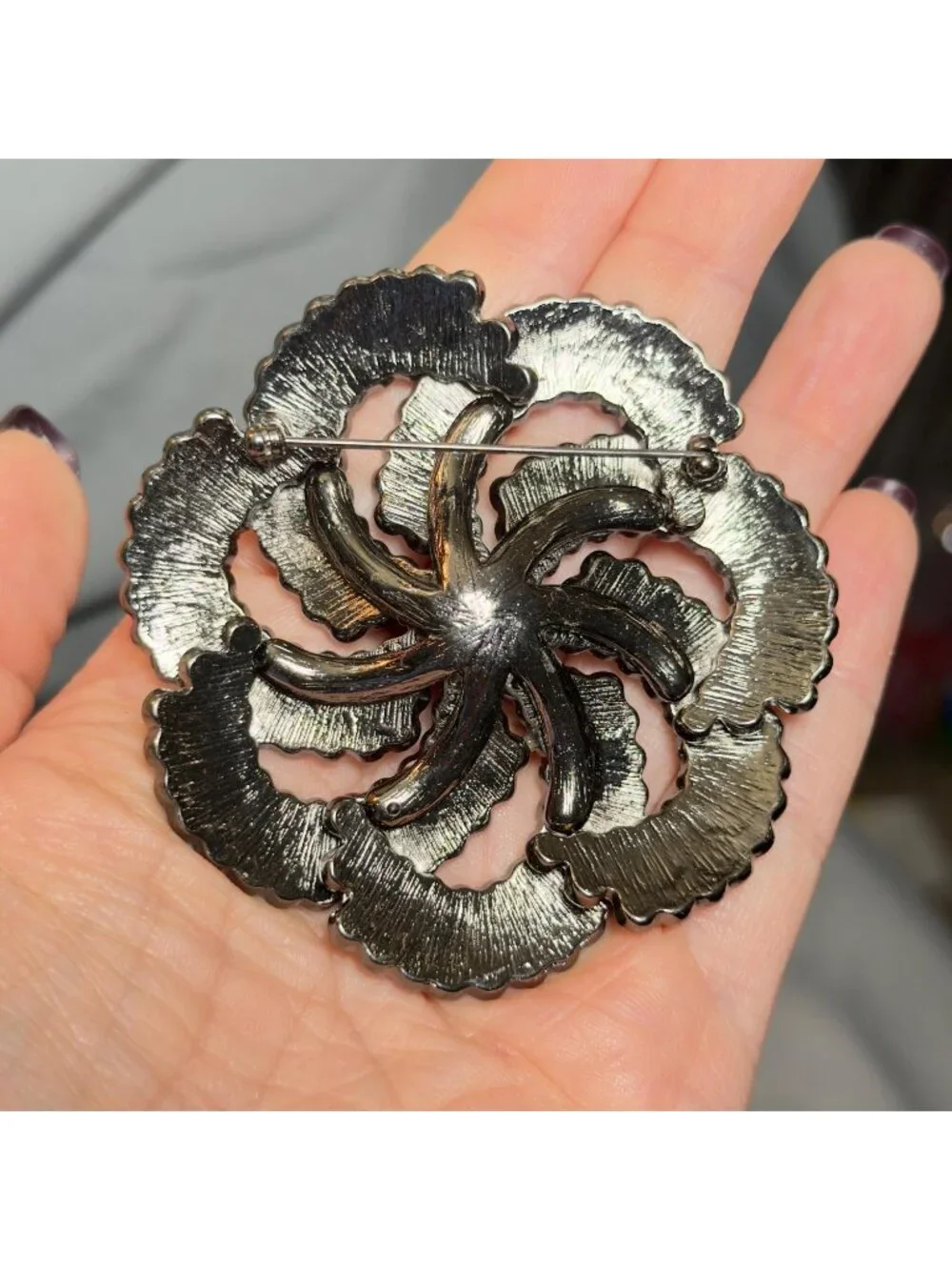 Vintage Rhinestone Swirl Brooch Gunmetal Gray Sparkle Statement Pin